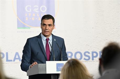 31/10/2021. Cumbre del G20. El presidente del Gobierno, Pedro Sánchez, durante su comparecencia ante los medios de comunicación.